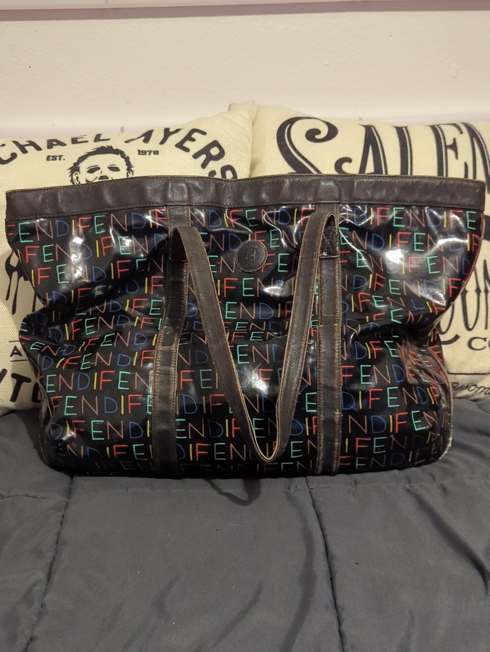 Authentic Fendi Black Patent Multicolor Logo Tote! 🛍️ CUTE! Wow! 😨